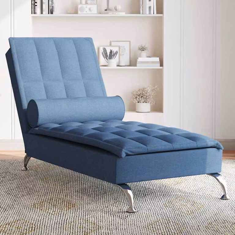 vidaXL Chaise Longue con Cuscino a Rullo in Tessuto Blu e Schiuma con Ricarica USB L: 138,0 cm, P: 56,0 cm, H: 75,0 cm