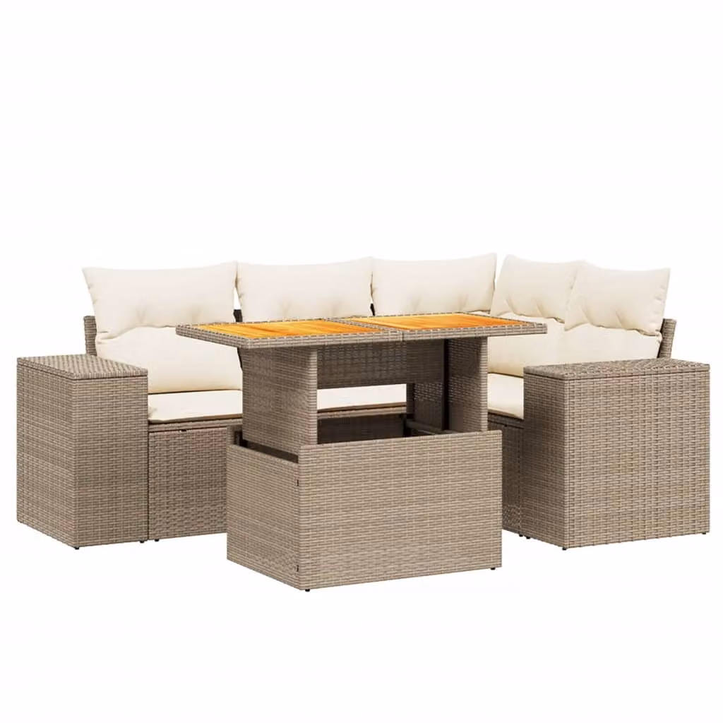 Set Divano da Giardino 5 pz con Cuscini Beige in Polyrattan