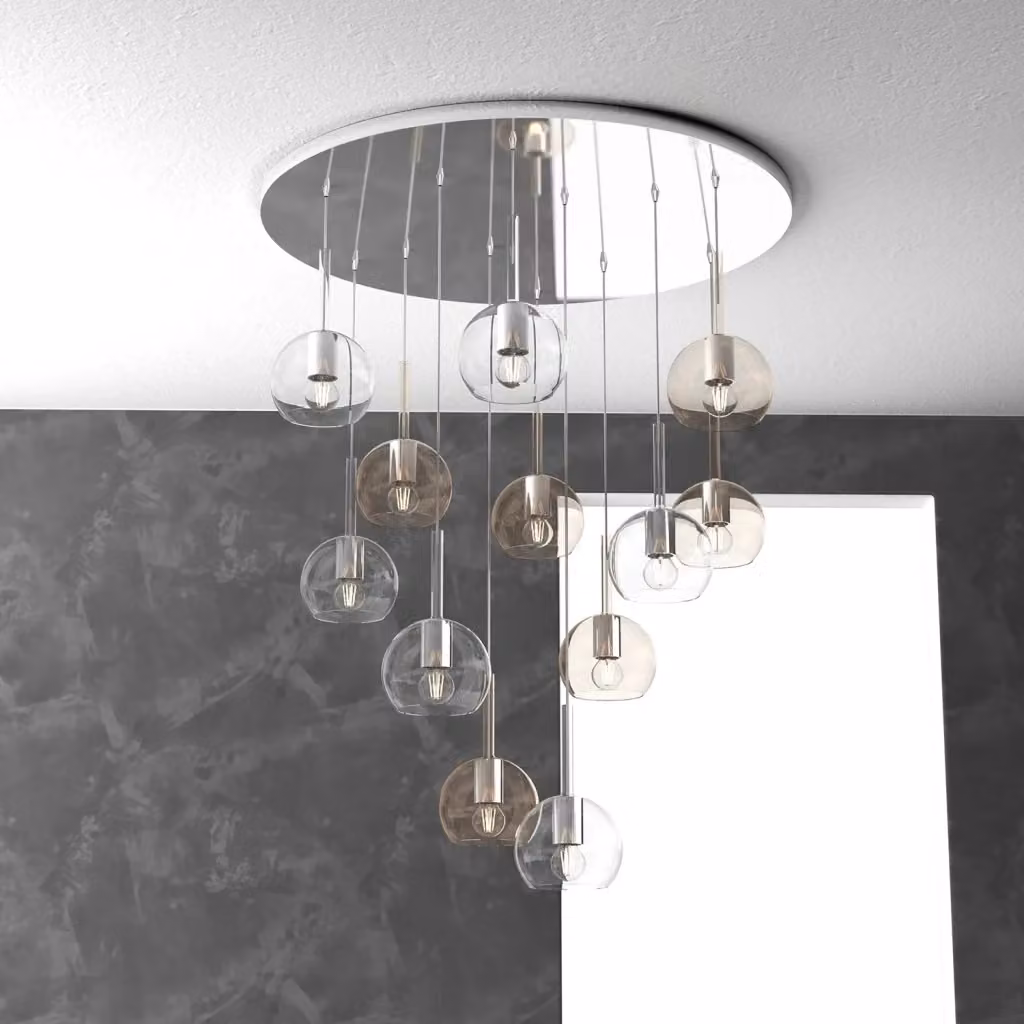 Lampadario a sospensione contemporaneo Top Light in metallo cromato e vetro trasparente ambra con 12 luci E27 – 2