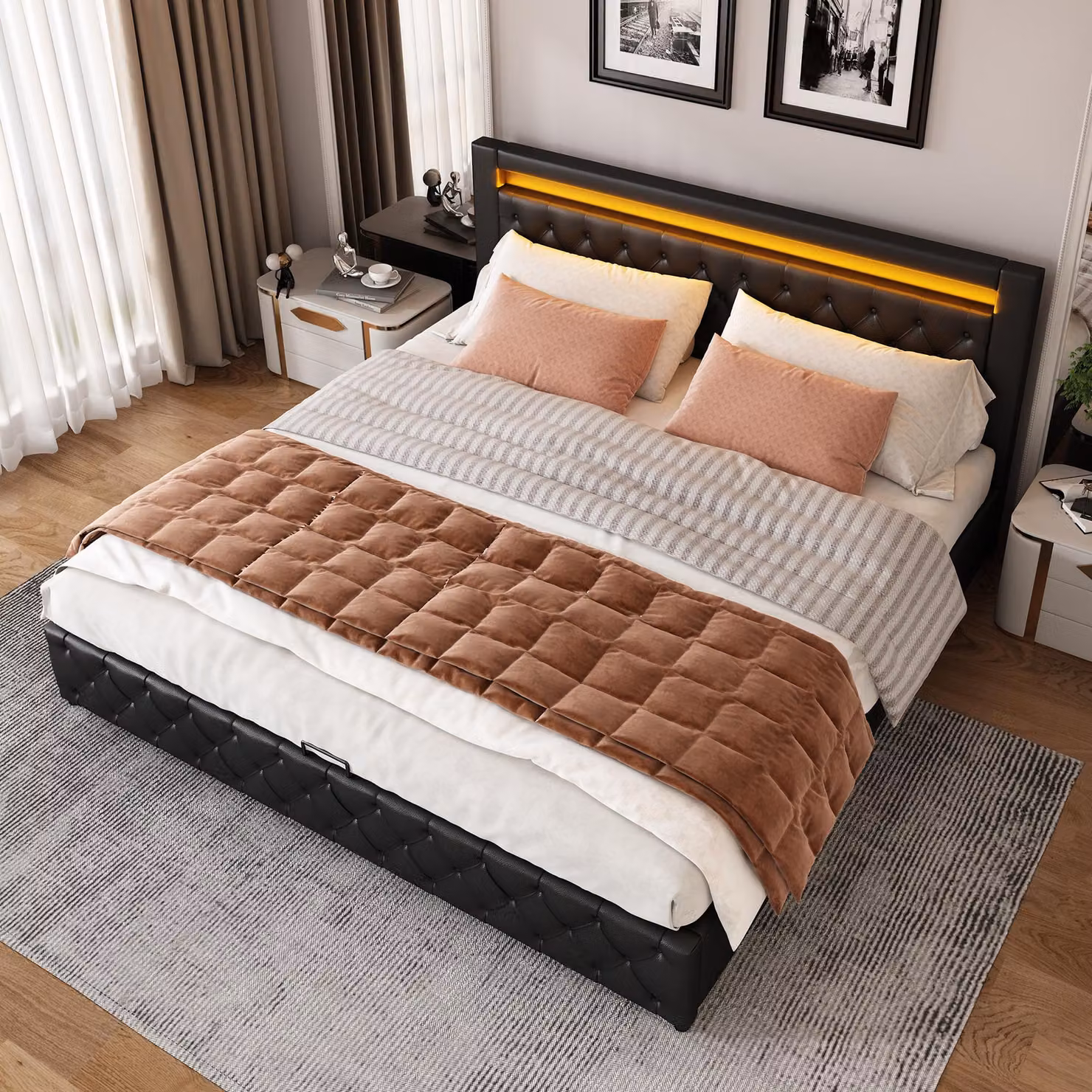 okwish Letto imbottito, Letto matrimoniale, 180 x 200 cm, Letto idraulico con materasso e contenitore, Letto per bambini con illuminazione LED, con materasso, nero