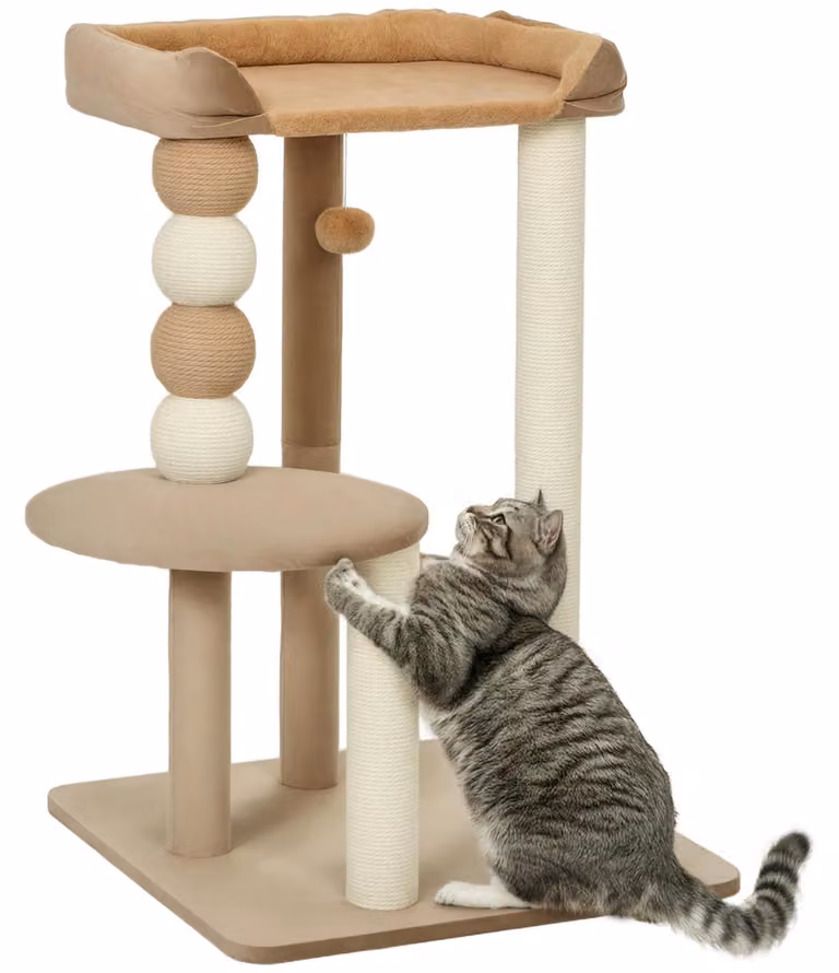 Tiragraffi a colonna - 3 livelli - Altezza 86 cm - Legno - Con pallina - Per gatti fino a 7 kg - Colore caffè