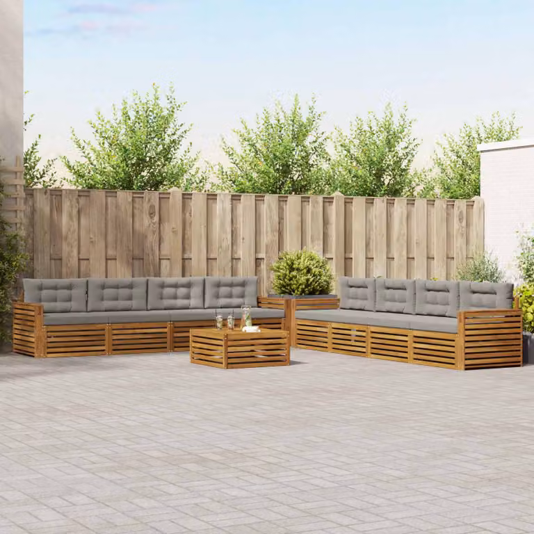 vidaXL Set di divani da esterno a forma di U in legno di acacia con cuscini, colore beige e grigio