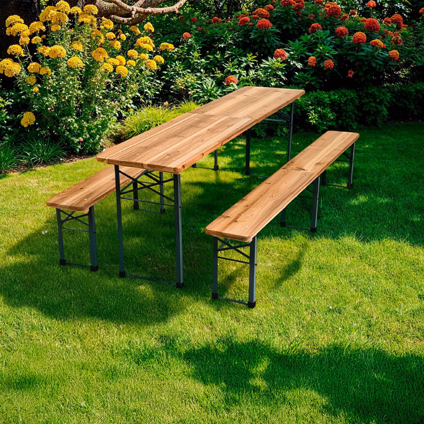 Set da birreria pieghevole Ralf di TecTake composto da tavolo e 2 panche in legno di abete e acciaio, marrone, L: 220 cm – 1