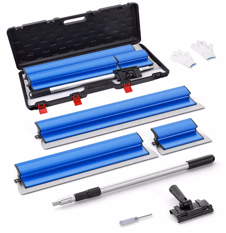 Set di spatole per cartongesso - 3 pezzi - 25/60/80 cm - Manico telescopico - Lame in acciaio inossidabile larghe - Borsa per il trasporto - Colore blu
