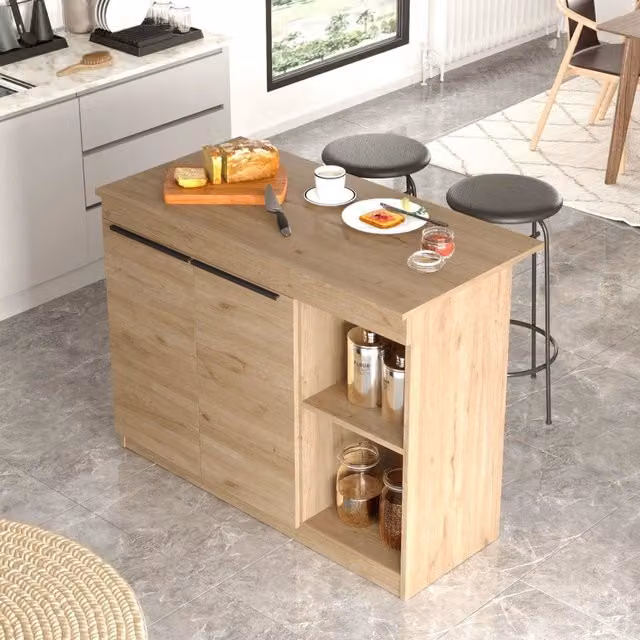 Isola da cucina con dispensa DMORA Corsico con 2 ripiani, colore marrone rovere, L 120 cm x P 60 cm x H 88 cm