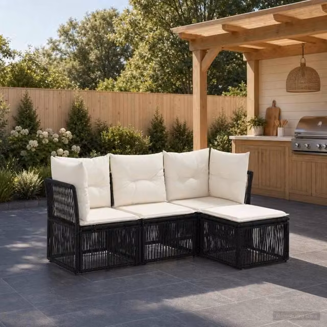 Set Divano da Giardino a L vidaXL in Polyrattan Nero con Cuscini e Ottoman – 1