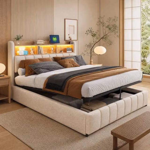 Letto matrimoniale imbottito ULEVR 180x200 cm con contenitore idraulico, LED e porte USB/Type-C, tessuto di lino grigio