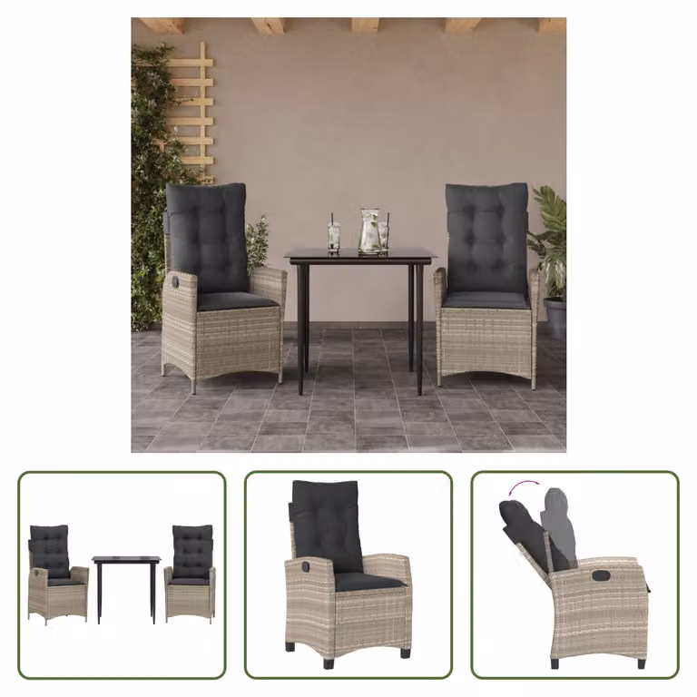 The Living Store Set da pranzo da giardino 3 pezzi con cuscini in rattan grigio chiaro