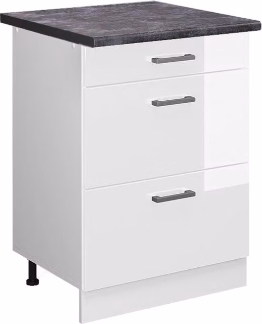 Mobiletto base per cucina R-Line Bianco lucido/Bianco 60 cm con cassetti, PL Antracite Vicco
