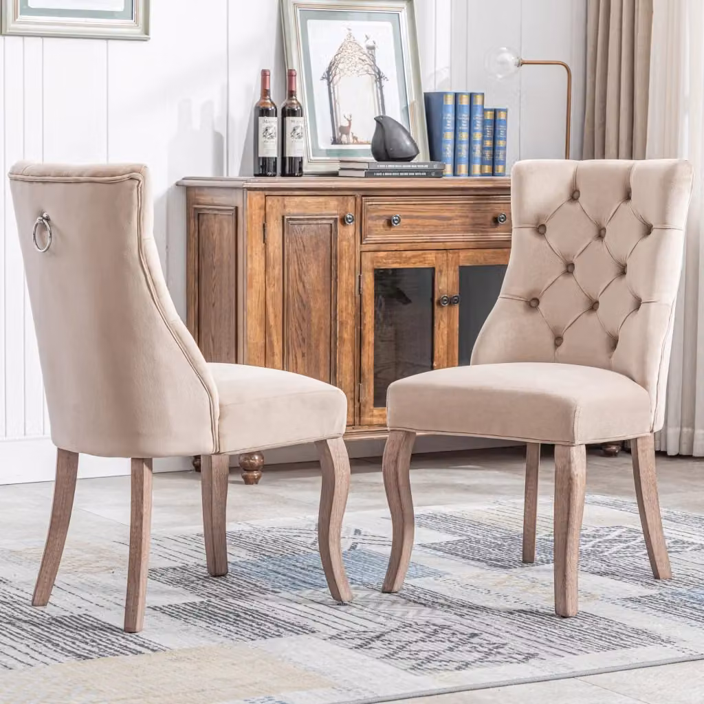 Set di 2 sedie da pranzo moderne in velluto beige con schienale alto capitonné e struttura in legno – 2