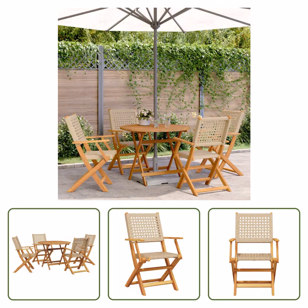 The Living Store Set da pranzo da giardino 5 pezzi Beige in poly rattan e legno massiccio