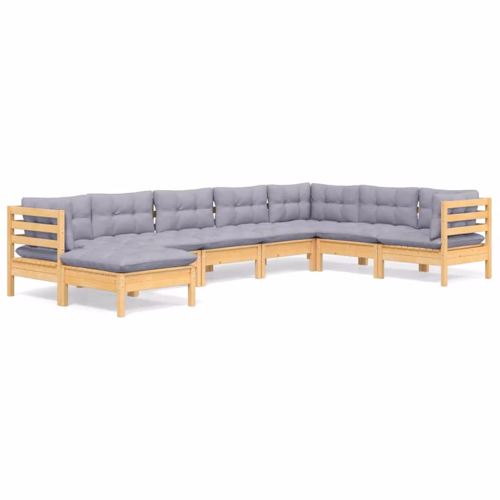 Set Divani da Giardino 8 pz con Cuscini Grigi Massello di Pino