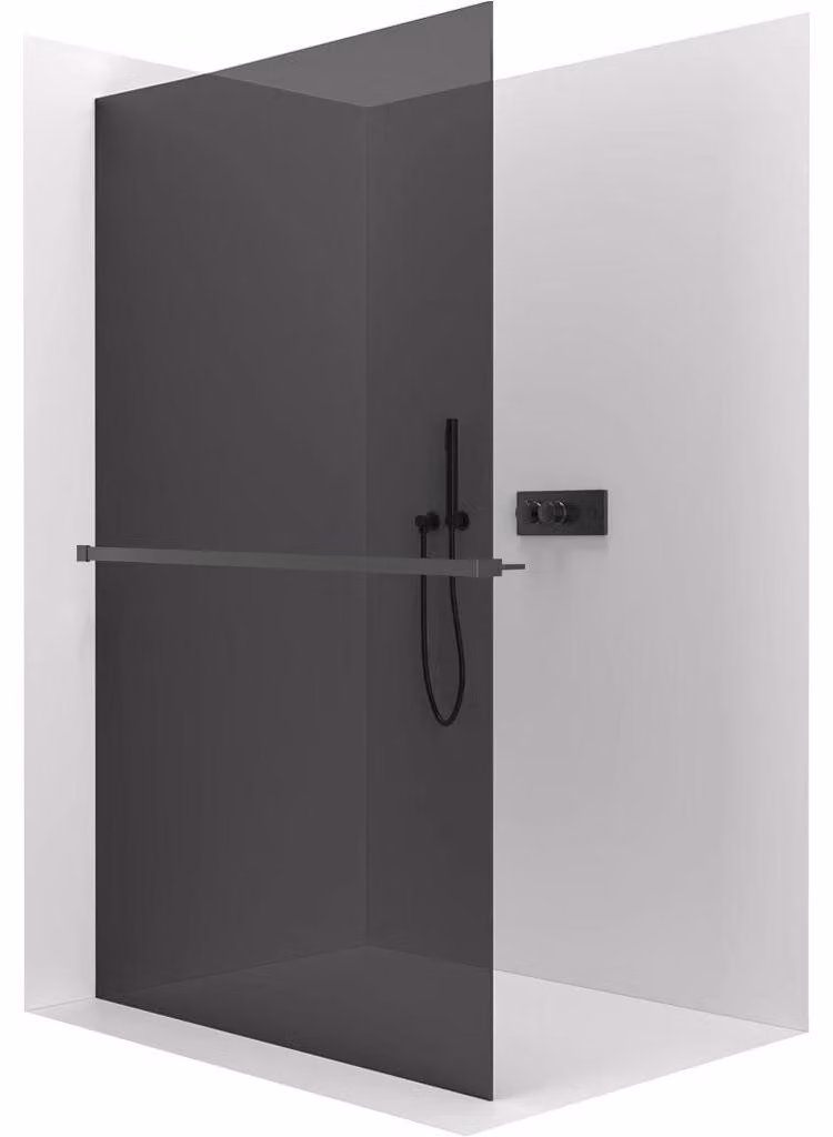 CERANO - Box doccia Walk-in Crystal L/P - 8 mm + mensola/portasciugamani - sistema senza montanti - nero opaco, vetro grafite - 100x200 cm