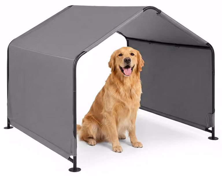 Tenda per cani da esterno, modello rifugio, dimensioni 129 x 124 x 108 cm, tenda impermeabile per animali domestici con tettoia e picchetti per il pavimento, struttura in metallo, adatta per cani