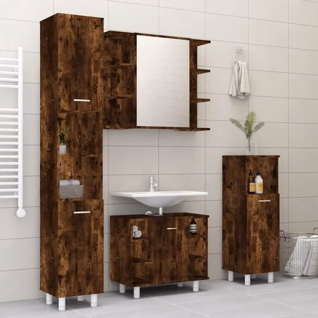 Set Mobili da Bagno Moderno 4 Pezzi in Legno Multistrato Rovere Fumo Marrone con Specchio e Mensole Interne – 2