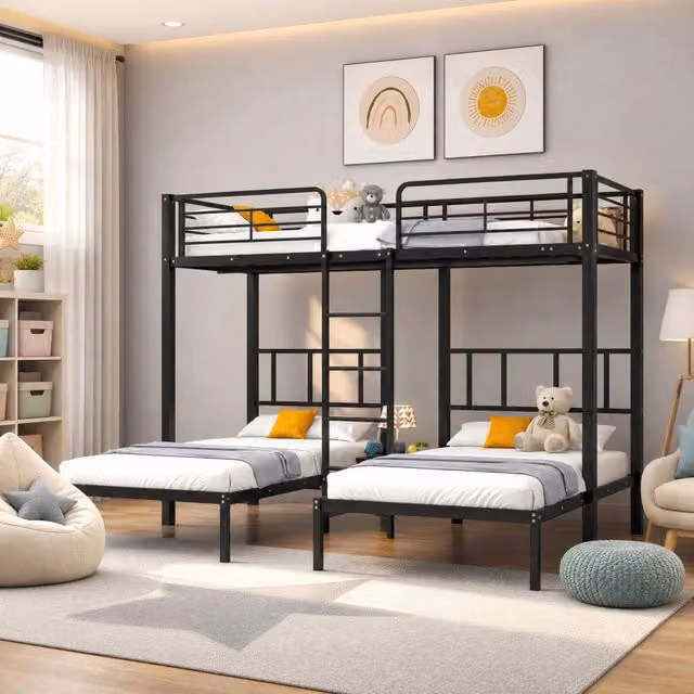 Letto a castello triplo 90x200 cm in metallo; nero; con scala e piano d'appoggio