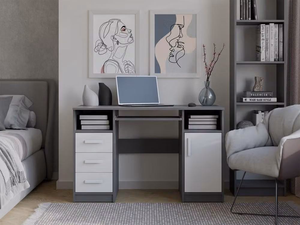 Scrivania per PC con cassetti e armadietto BELLUNO - antracite / bianco