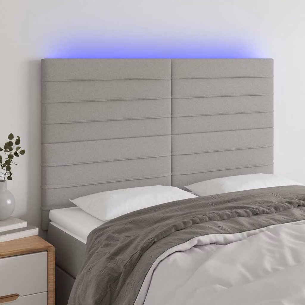 Testiera per letto vidaXL in tessuto grigio con illuminazione LED e porta USB, L: 144 cm, P: 5 cm, H: 118/128 cm