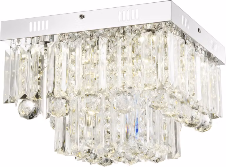Plafoniera Globo Lighting in metallo cromato, cristalli acrilici trasparenti, LxLxH: 320x320x240mm, incl. 6x LED 18W 230V, sorgente 2100lm, potenza 1800lm, 4000K
