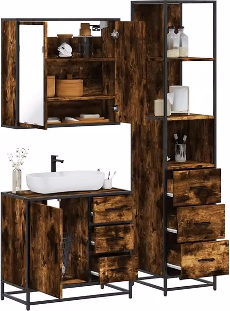 Set Mobili da Bagno 3 pz Rovere Fumo in Legno Multistrato 3301137