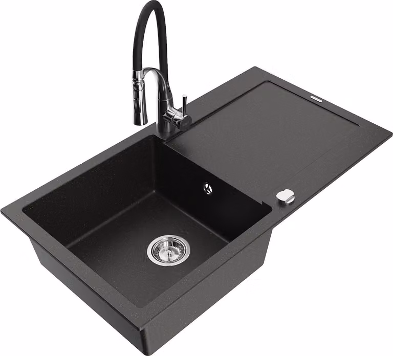 Mexen Leo lavello in granito a 1 vasca con sgocciolatoio e rubinetto da cucina Aster, nero/oro metallizzato - 6501-75-73450-07