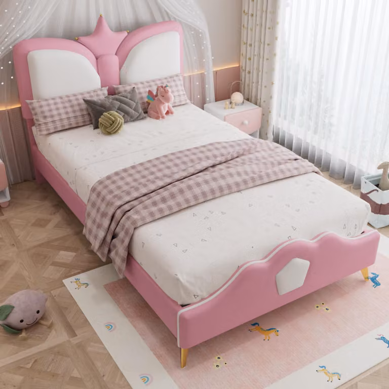 Letto imbottito Merax per bambini 90x200 con testata a , letto singolo con bordi morbidi anticollisione e schienale, letto in legno rosa+bianco