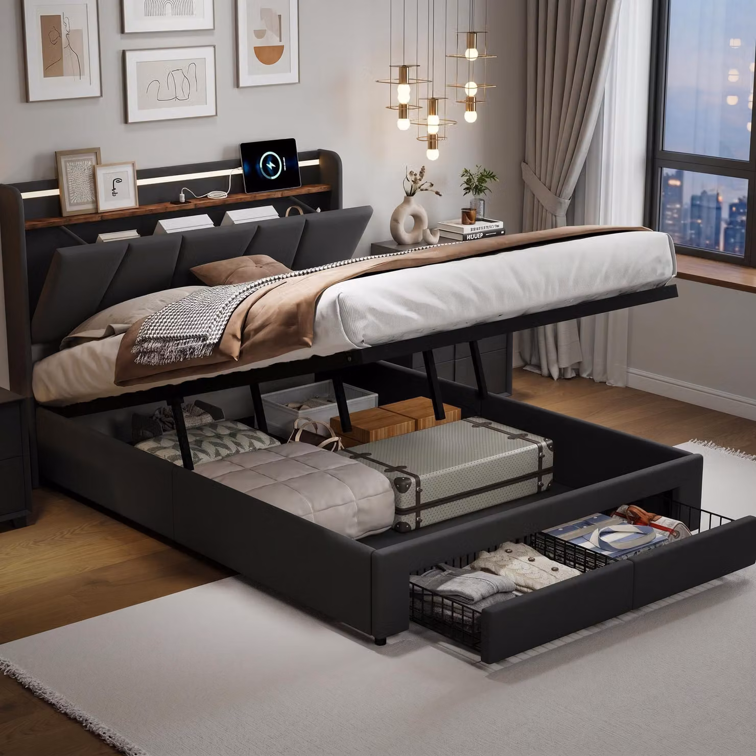 Letto imbottito con struttura a molle, dimensioni 160x200 cm, con luci LED e caricabatterie USB. Letto contenitore con cassone, 2 cassetti, letto con spazio contenitivo e rete a doghe. Tessuto: lino, colore: grigio