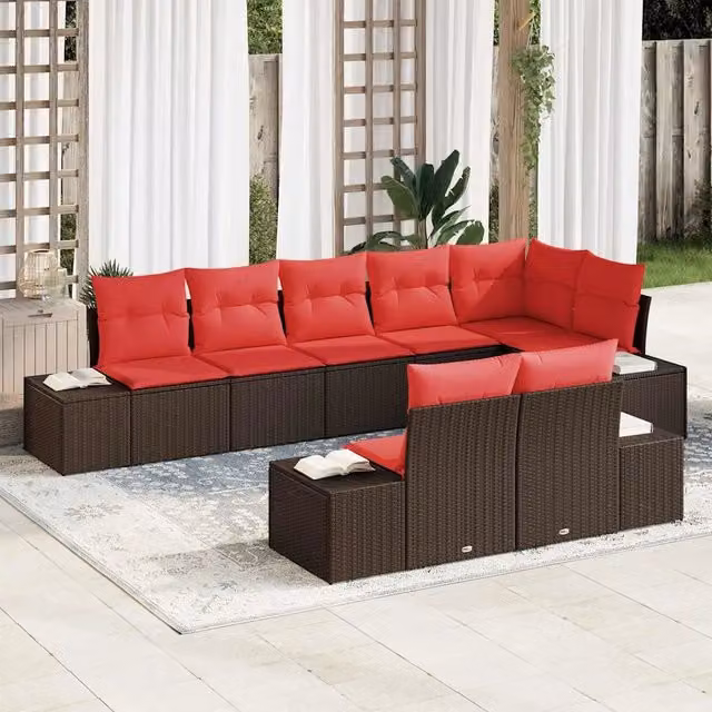 Set Divano da Giardino a Forma di U vidaXL in Rattan Marrone e Rosso con Cuscini per 8 Persone