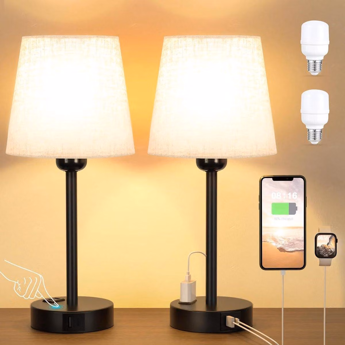 Lampada da comodino - 2 pezzi - Lampada da tavolo con dimmer touch - Porte USB A e C - Paralume in lino - Beige