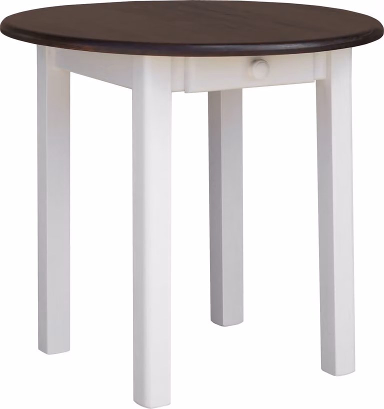 Tavolo rotondo bianco con cassetto in legno di pino massiccio con piano in colore noce 90 cm