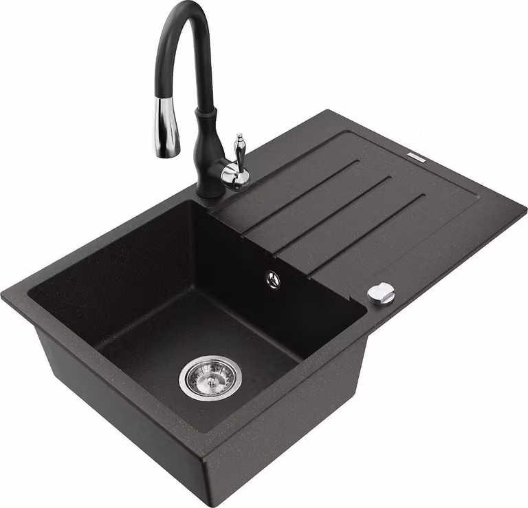 Mexen Bruno lavello in granito a 1 vasca con scolapiatti e rubinetto da cucina Savita, nero/oro metallizzato - 6513-75-672601-70