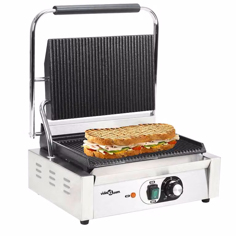 Griglia per Panini Scanalata vidaXL 2200 W in Acciaio Inox e Ghisa, Colore Argento e Nero, L/P/H: 43 x 30,5 x 20 cm