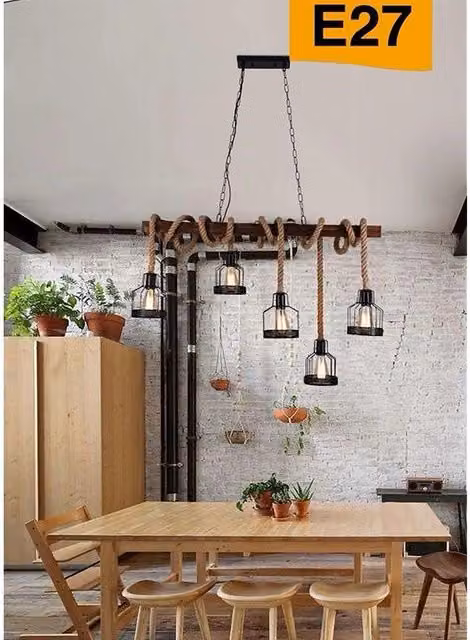 Lampadario a sospensione Trade Shop Traesio in legno e metallo stile vintage industrial con 5 portalampada E27 colore marrone e nero