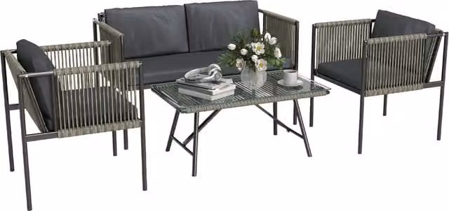 Mobili da giardino a 4 pezzi: Divanooo + 2 poltrone + tavolo di vetro; cuscini; struttura in acciaio; rattan di plastica; grigio