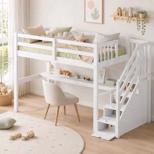 Letto a soppalco ULEVR 90x200 cm con scrivania, cassetti contenitore e scala con vano, bianco