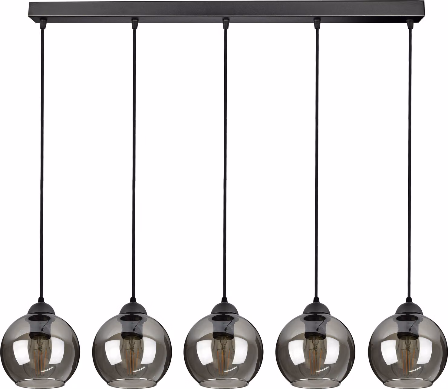 Lampada a sospensione con 5 paralumi in vetro nei colori nero e trasparente, 5x E27