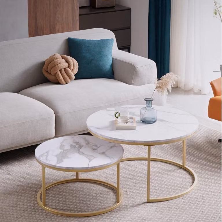 Set di tavolini da caffè rotondi, design moderno, struttura in metallo bianco/oro, composto da 2 pezzi, dimensioni: 60x60x45 cm e 40x40x35 cm