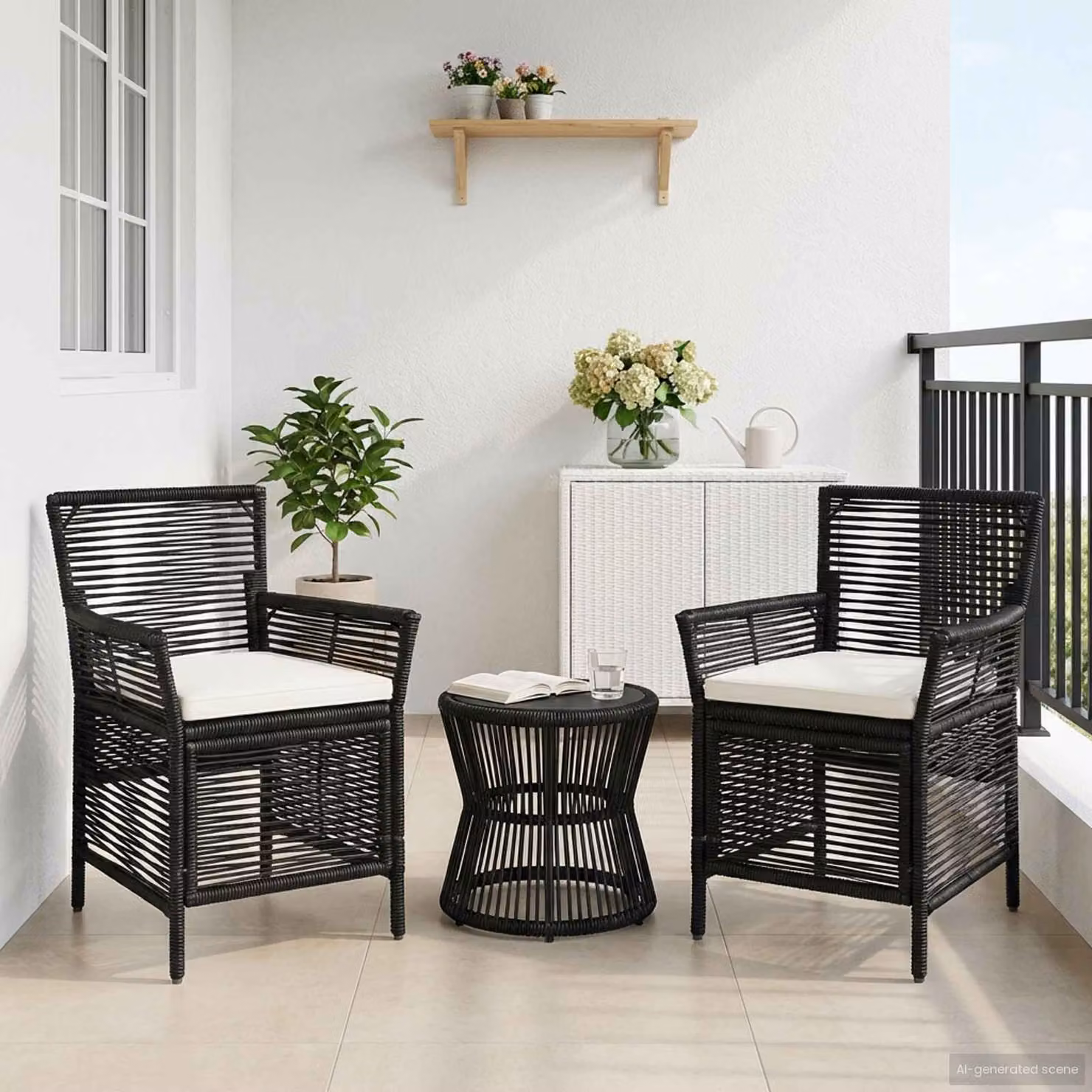 Set di 2 sedie da esterno vidaXL in polyrattan con cuscini, colore nero e beige