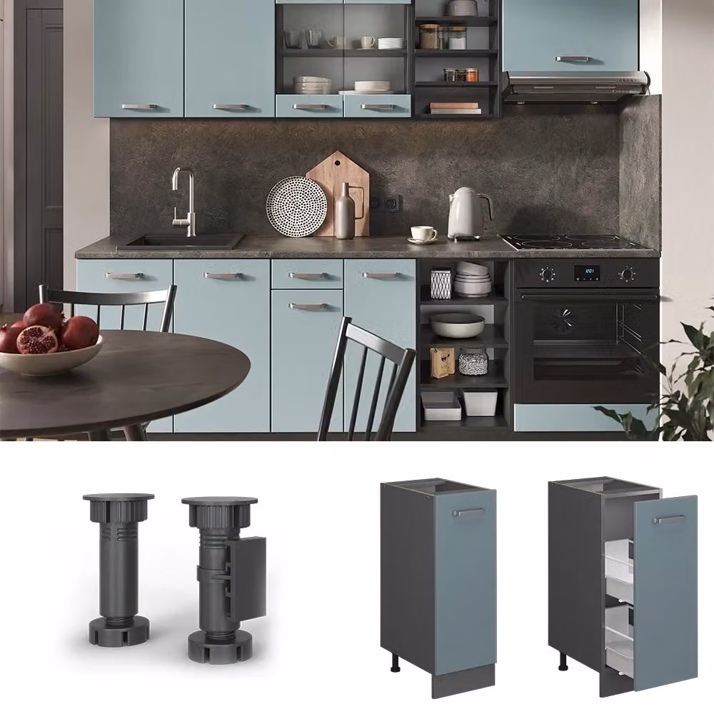 Armadio dispensa da cucina alto R-Line Vicco, colore Antracite e Blu, con ante a battente e ripiani interni, Larghezza: 30 cm, Altezza: 81.6 cm, Profondità: 46 cm – 2