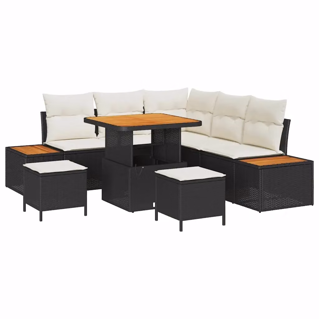 Set Divano da Giardino vidaXL 8 Pezzi in Polyrattan Nero con Cuscini Beige e Tavolino da Esterno – 2