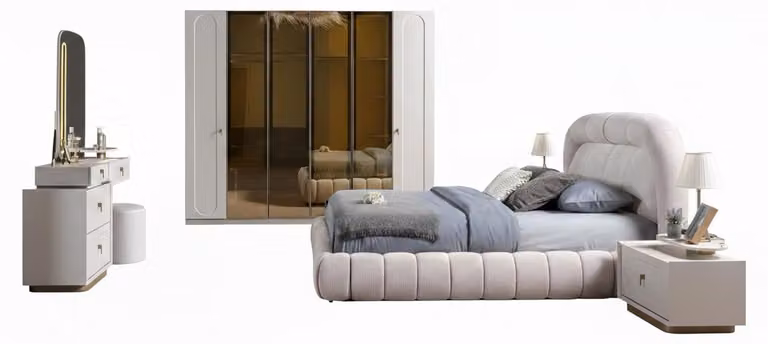 Set completo per camera da letto elegante: letto imbottito, 2 comodini, tavolino da trucco