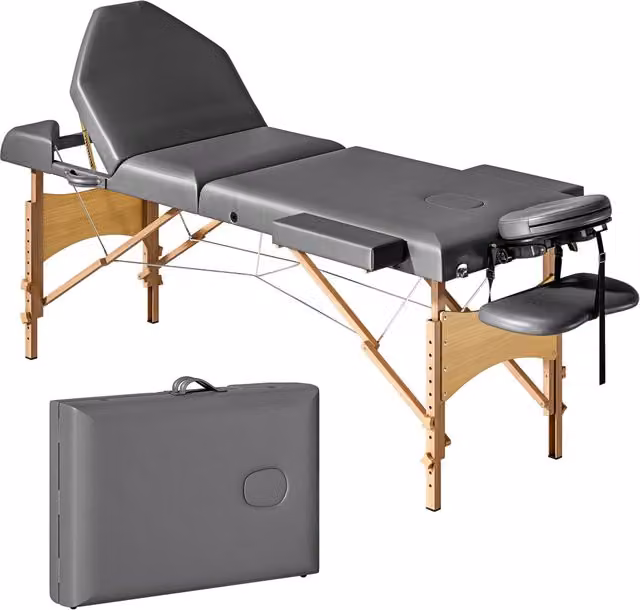 Lettino da Massaggio Pieghevole ¨C Xylo ¨C 3 Zone, Legno, Schienale e Poggiatesta Regolabili, 215x60x62-89 cm, Grigio