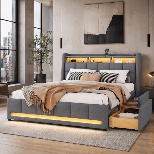 Letto imbottito 140 × 200 cm con cassetti LED controllabile tramite app USB in lino e MDF grigio