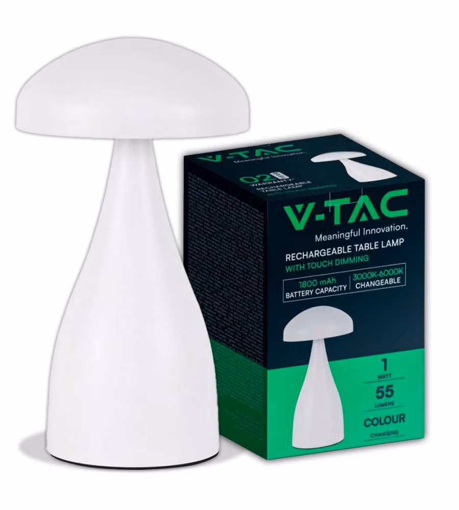 V-TAC Lampada LED da Tavolo Dimmerabile con Touch Control, Batteria Ricaricabile USB-C, Colore Bianco, Design Moderno in Metallo