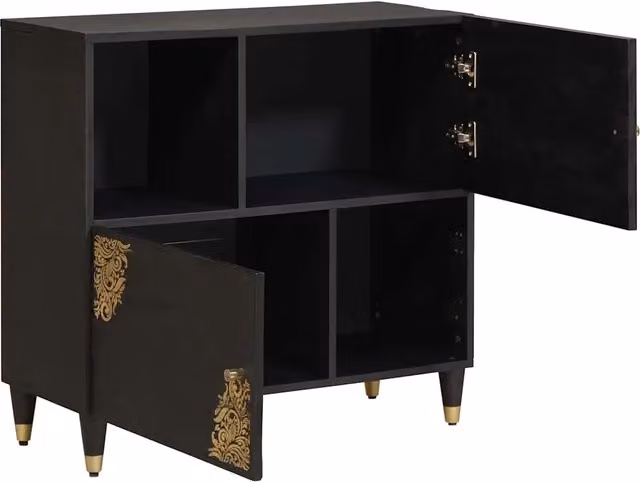 Credenza moderna in legno di mango massello nero con dettagli oro, L: 80 cm, P: 33 cm, H: 75 cm