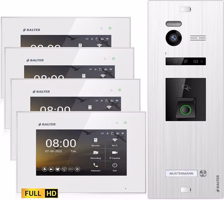 Videocitofono HD con impronta digitale e RFID per case monofamiliari, 4x monitor, Balter EVO HD Fingerprint