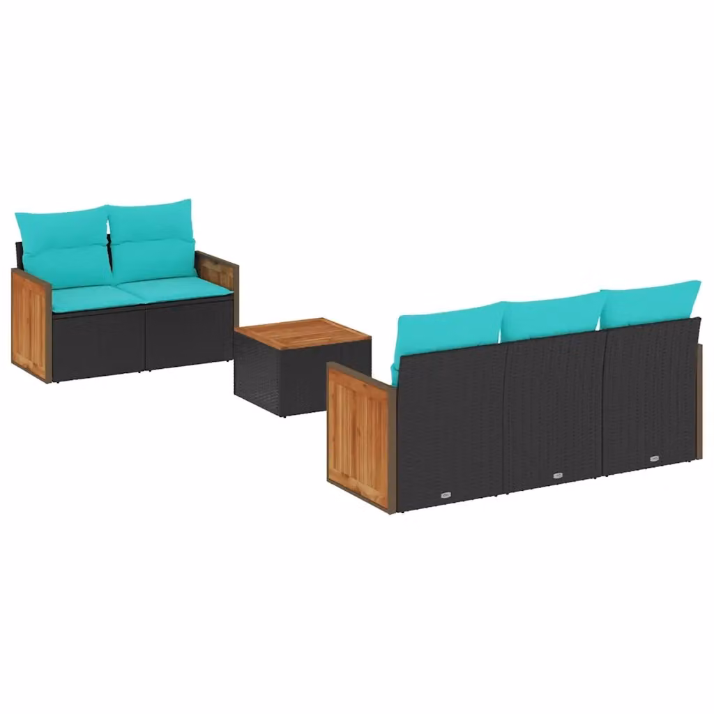 Set di divani da giardino vidaXL in rattan con cuscini blu e struttura in legno di acacia oliato, 6 pezzi – 2