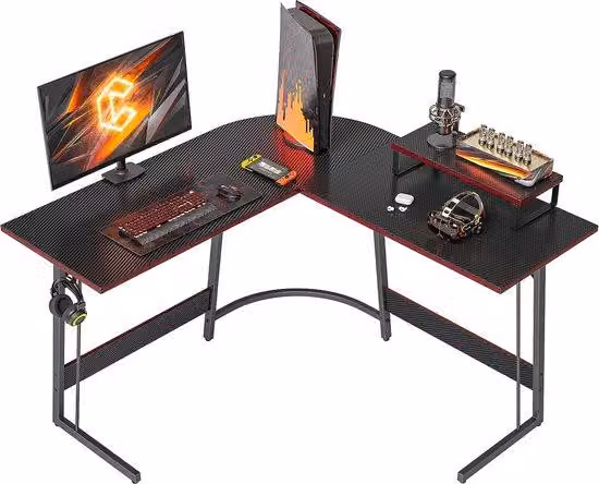 Scrivania angolare da gaming Unyqoos®, forma a L, dimensioni 120 x 120 x 75 cm, scrivania per PC realizzata in pannello di particelle P2 con struttura in acciaio robusta, supporto per monitor e cassetti, colore nero, facile da montare