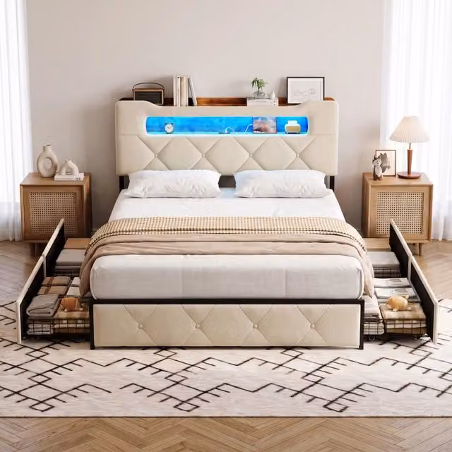 Letto Matrimoniale 160 x 200 cm;Letto Contenitore con 4 cassetti;Testiera con contenitore; LED e USB;Velluto;Beige