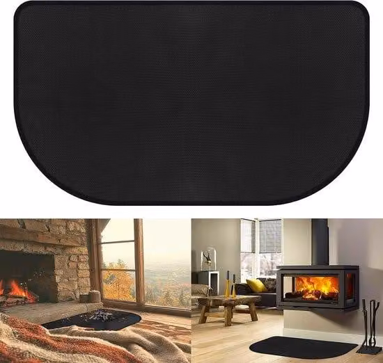 Tappetino antincendio per caminetti aperti - 80x50x0,5 cm - Particolarmente indicato per caminetti a legna da interno ed esterno - Protegge pavimenti e tappeti da scintille e braci incandescenti - Nero